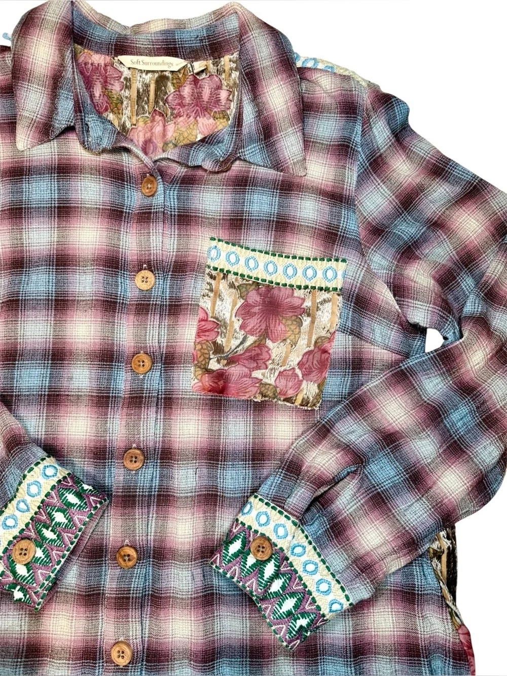 Soft Surroundings Velvet Burnout Floral Plaid Shirt Small
